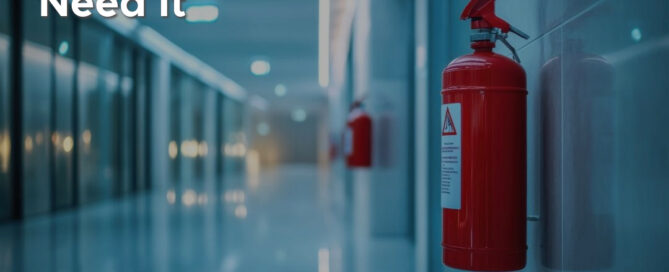 A sleek hallway with modern design and red fire extinguishers mounted on the walls, symbolizing fire protection. The title reads, "What is ABS Fire Protection and Why Your Business Might Need It," with the Interstate Fire Protection logo in the bottom left corner.