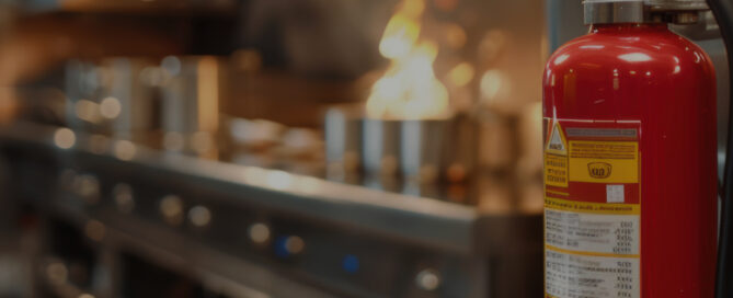 A commercial kitchen with a red fire extinguisher in the foreground, and a stovetop in the background with flames, illustrating the importance of fire safety. The title reads, "Top Fire Safety Solutions for Protecting Your Commercial Kitchen," with the Interstate Fire Protection logo in the bottom left corner.