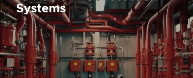 Interior view of a modern fire protection system in a utility room, featuring red pipes, control panels, and fire suppression equipment, with the title "Comprehensive Guide to Maine Fire Protection Systems" and the Interstate Fire Protection logo in the bottom right corner.