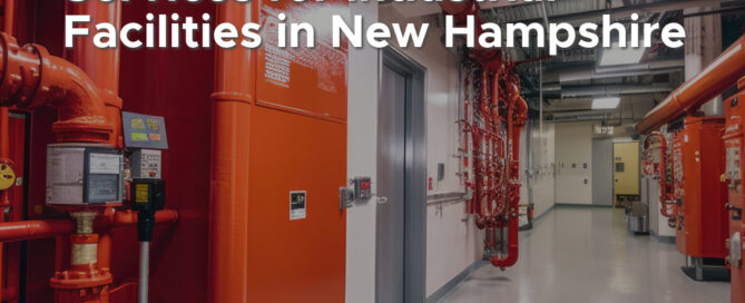 Fire protection systems in an industrial facility with visible red pipes and a clean, modern design. The text reads, "Best Fire Protection Services for Industrial Facilities in New Hampshire" with the Interstate Fire Protection logo at the bottom right.