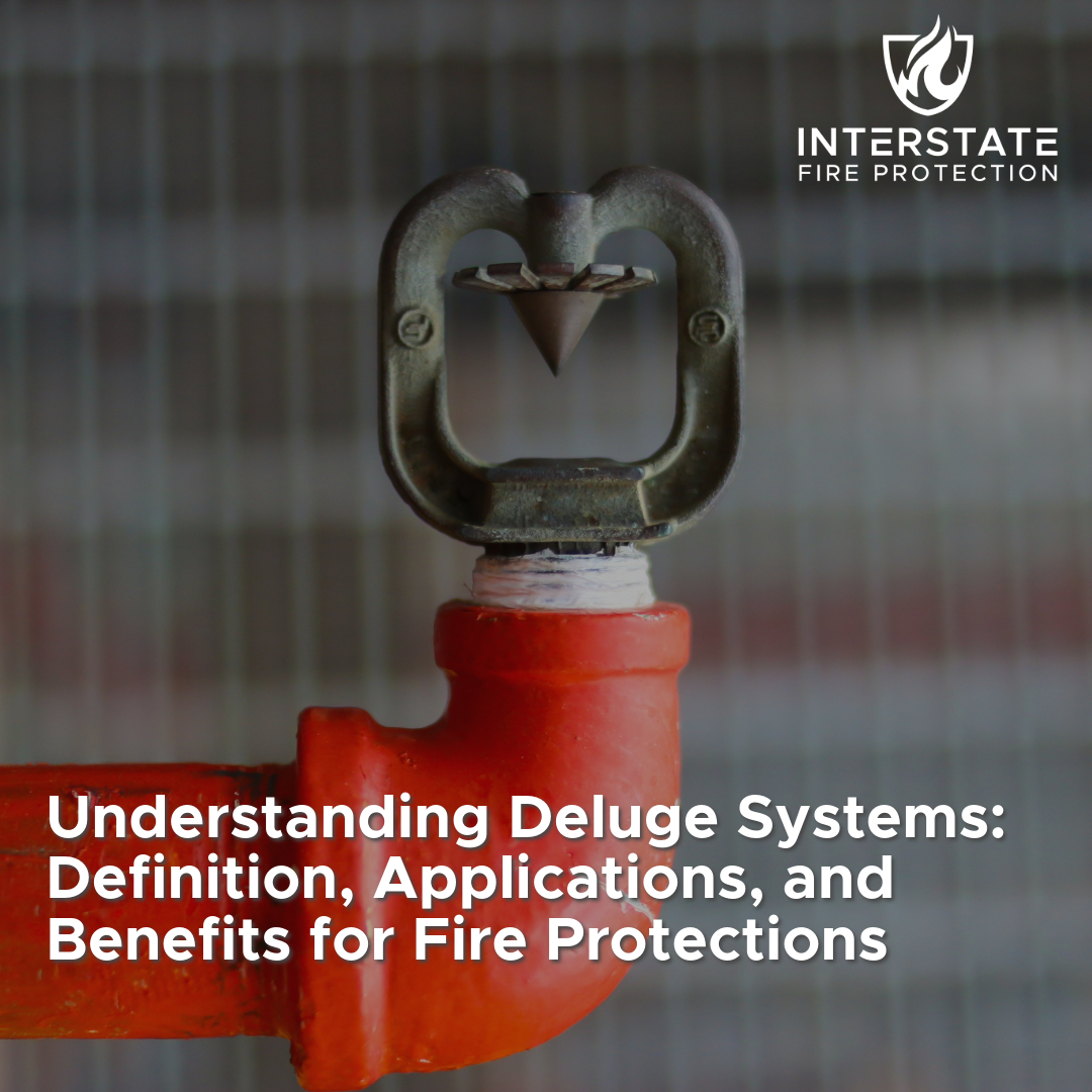 A close-up view of a fire sprinkler head, representing deluge systems used for fire protection. The text reads, "Understanding Deluge Systems: Definition, Applications, and Benefits for Fire Protection," with the Interstate Fire Protection logo at the top right.